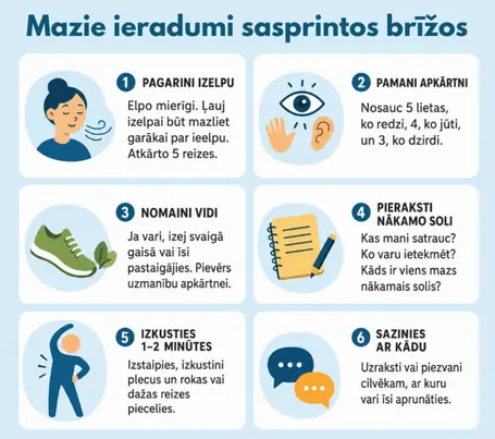 Infografika: seši praktiski soļi stresa mazināšanai sasprindzinātos brīžos